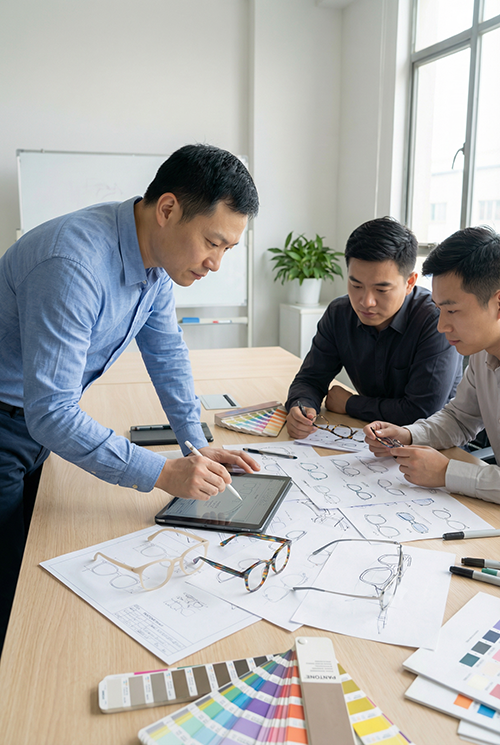 Eyewear designer team developing custom optical frames OEM ODM